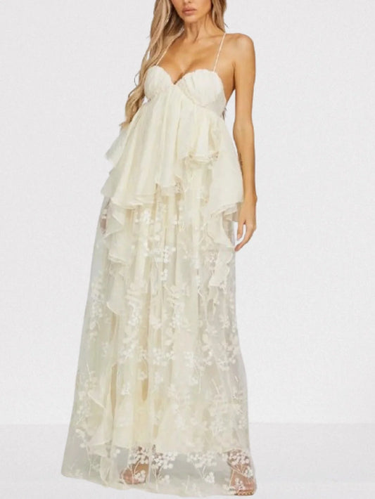 Crepe Bralette Peplum Tulle Gown in White - Small - Dresses