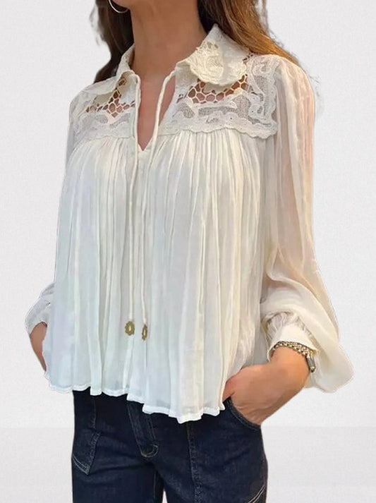 Crinkle Pleated Lace Tie-Collar Blouse - Small - Tops