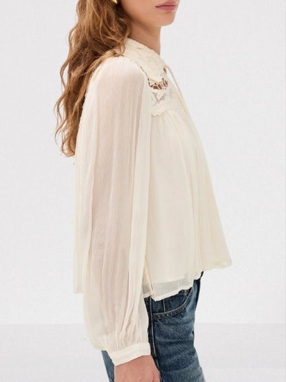 Crinkle Pleated Lace Tie-Collar Blouse - Tops