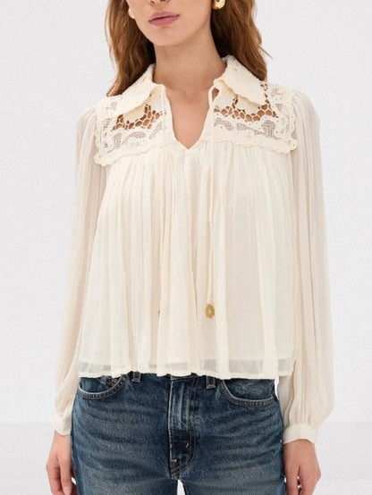 Crinkle Pleated Lace Tie-Collar Blouse - Tops