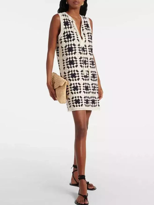 Crochet Knit Mini Dress in Ivory and Black - Small - Dresses