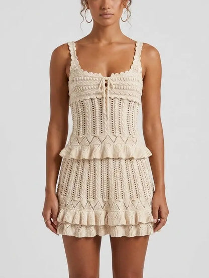 Crochet Knit Top and Ruffle Mini Skirt Set - Small - Suits & Sets