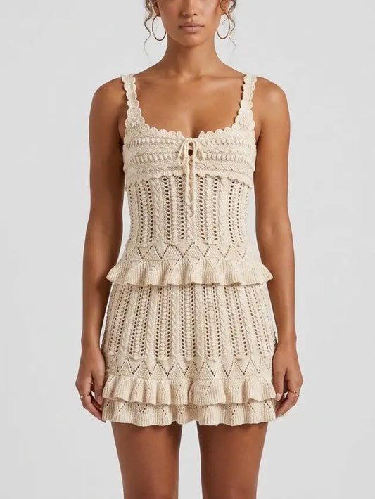 Crochet Knit Top and Ruffle Mini Skirt Set - Small - Suits & Sets