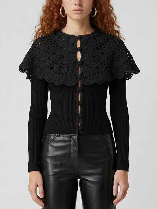 Crochet Capelet Knit Sweater - Small / Black - Sweaters & Knitwear