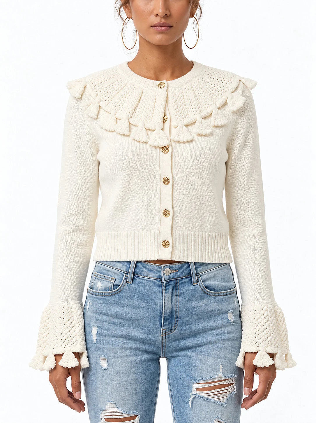 Crochet Knit Cardigan with Gold Buttons - Sweaters & Knitwear