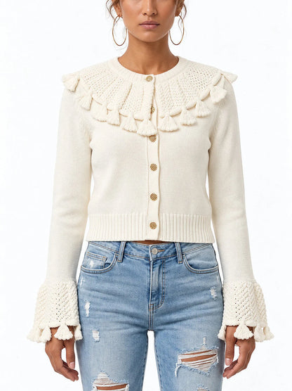 Crochet Knit Cardigan with Gold Buttons - Sweaters & Knitwear