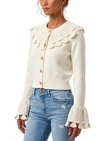 Crochet Knit Cardigan with Gold Buttons - Sweaters & Knitwear