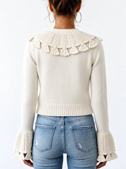 Crochet Knit Cardigan with Gold Buttons - Sweaters & Knitwear