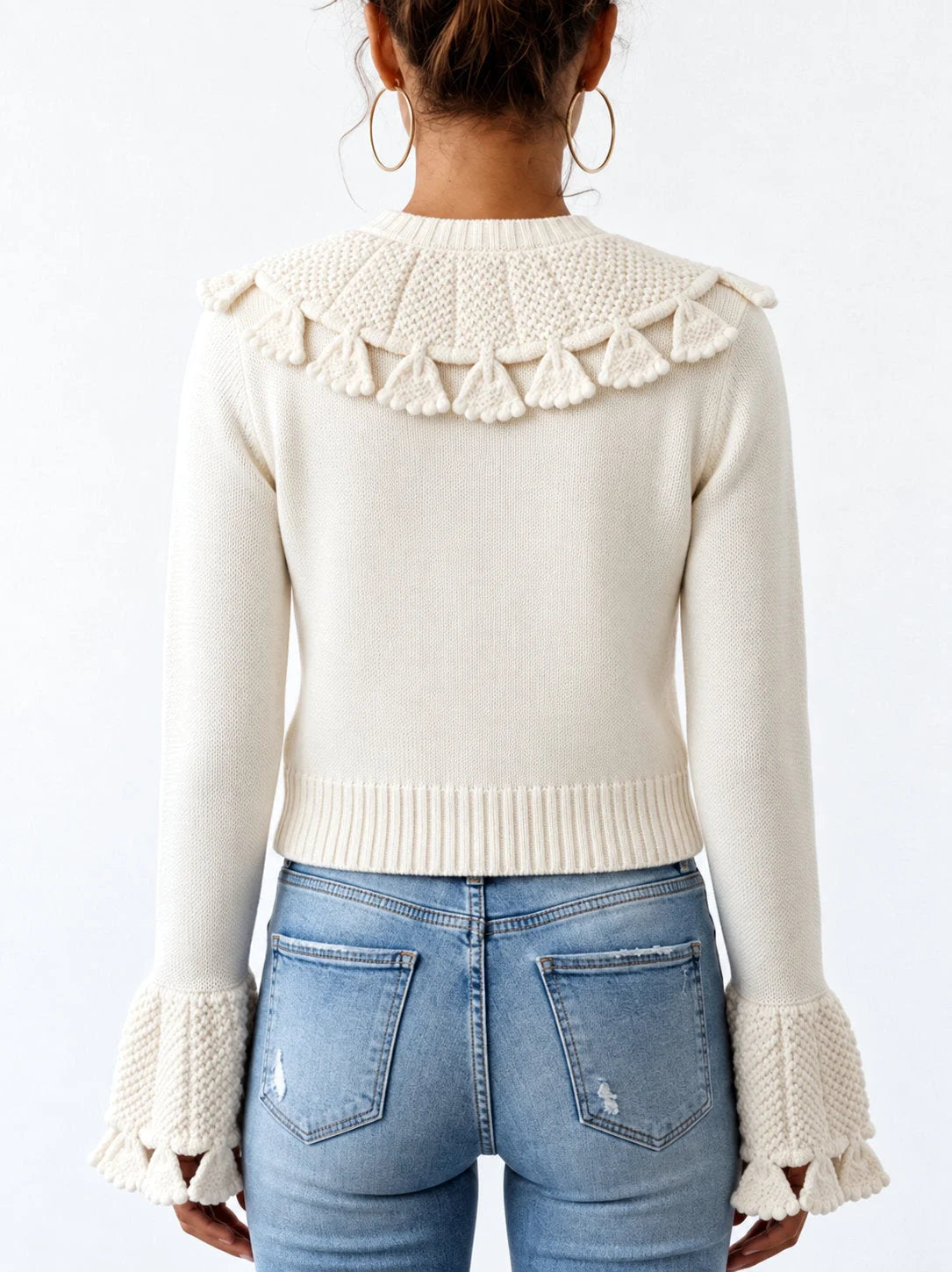 Crochet Knit Cardigan with Gold Buttons - Sweaters & Knitwear