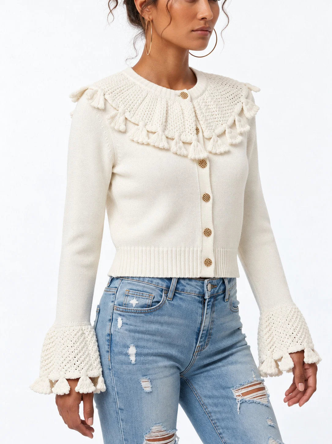 Crochet Knit Cardigan with Gold Buttons - Sweaters & Knitwear