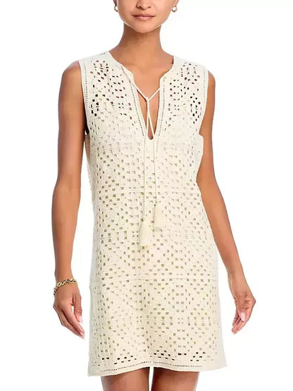 Crochet Knit Mini Dress in Ivory - Dresses