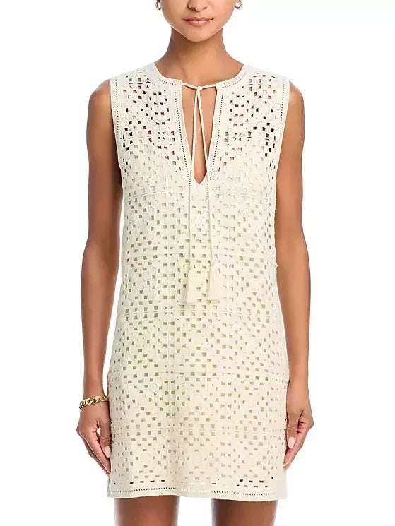 Crochet Knit Mini Dress in Ivory - Dresses