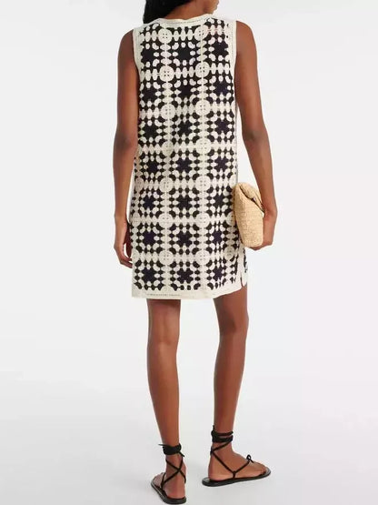 Crochet Knit Mini Dress in Ivory and Black - Dresses