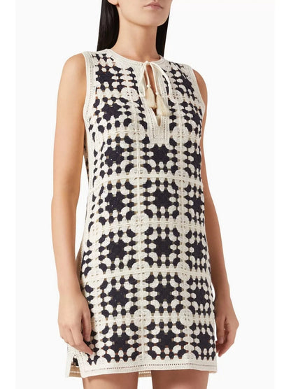 Crochet Knit Mini Dress in Ivory and Black - Dresses