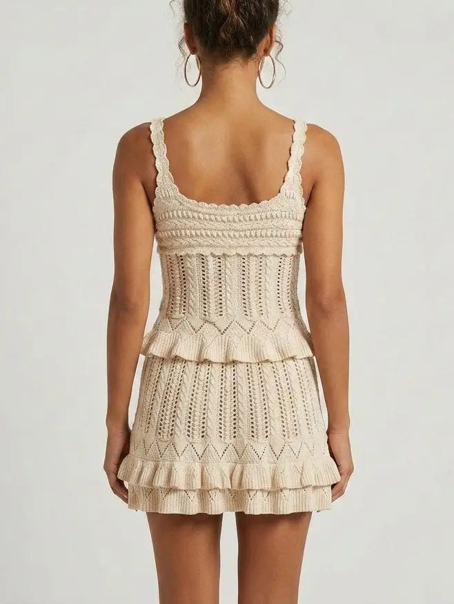Crochet Knit Top and Ruffle Mini Skirt Set - Suits & Sets