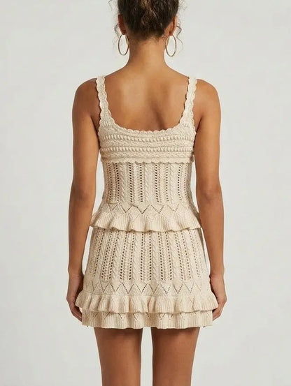 Crochet Knit Top and Ruffle Mini Skirt Set - Suits & Sets