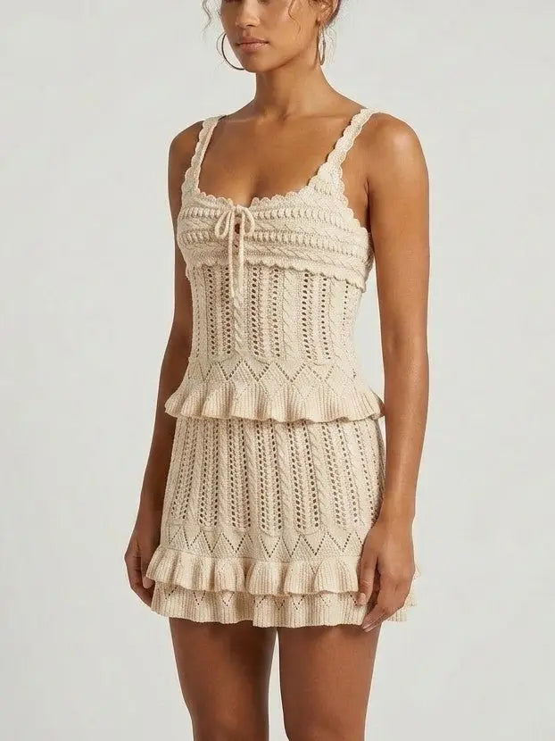Crochet Knit Top and Ruffle Mini Skirt Set - Suits & Sets