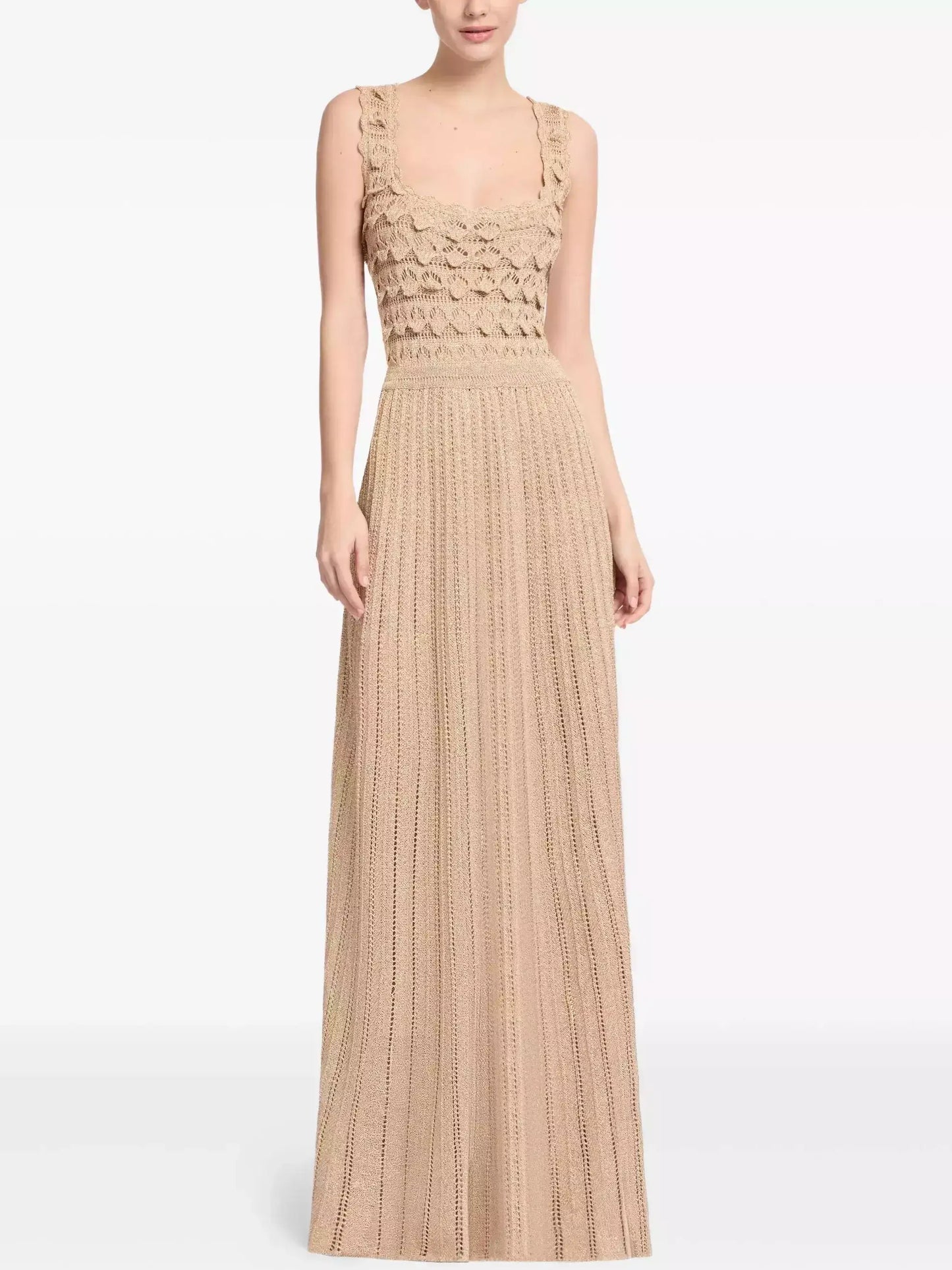 Crochet Open-Knit Pleated Sleeveless Maxi Dress - S / Light Beige - Dresses