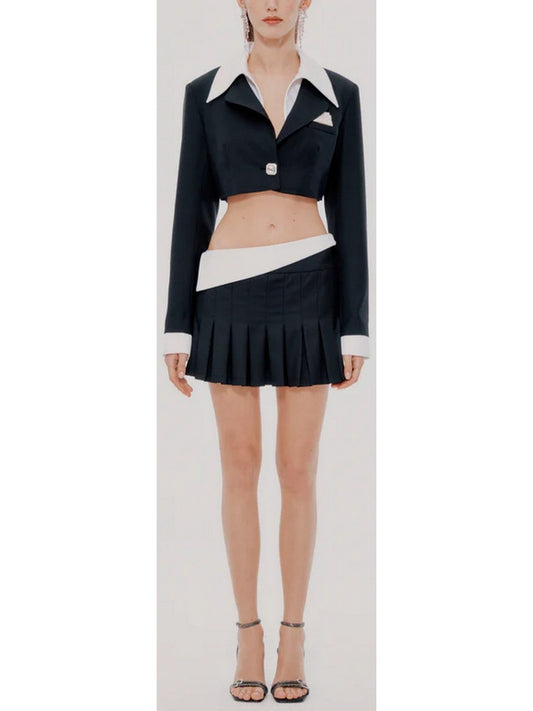 Cropped Blazer with Shirt Collar and Pleated Fold-Over Mini Skirt Set in Black and White - Branna Couture