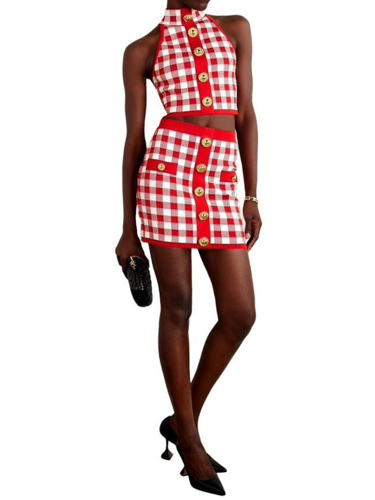 Cropped Button-Embellished Gingham Halter Top and Skirt Set, Red & White - Branna Couture