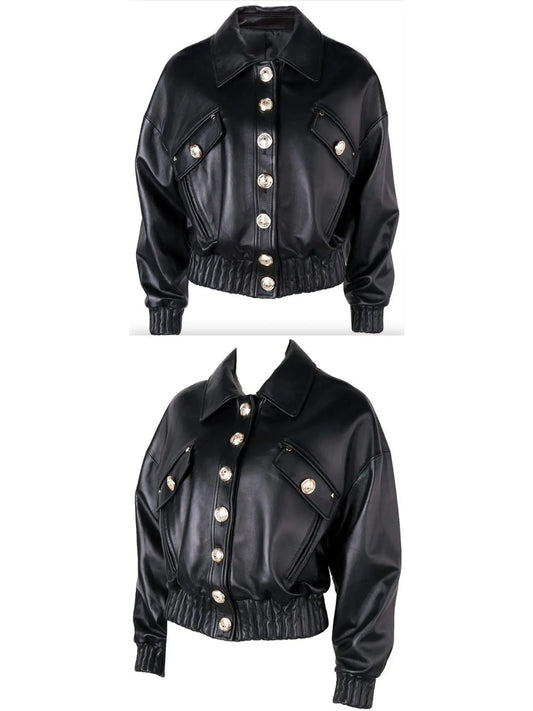 Cropped Buttoned Black Leather Jacket - Branna Couture