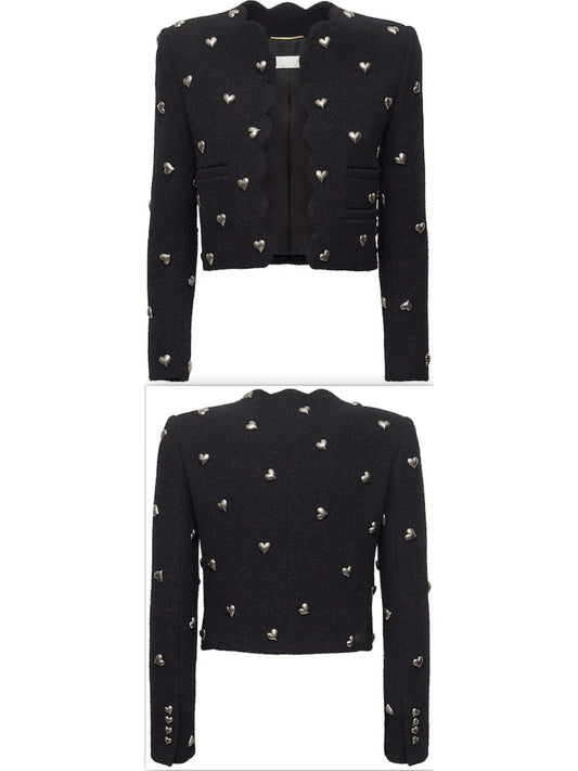 Cropped Heart-Embellished Jacket in Boucle Tweed - Branna Couture