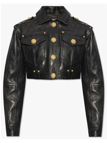 Cropped Leather Jacket with Gold Button Embellishments - Branna Couture