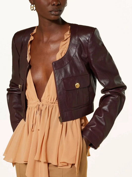 Cropped Leather Jacket with Scoop Collar and Buttoned Pockets - Branna Couture