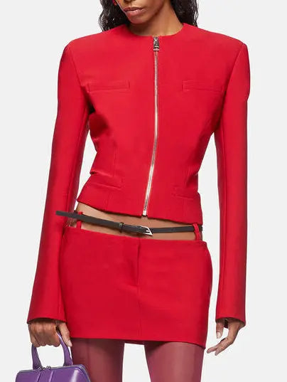 Cropped Red Crepe Blazer Jacket with Zip Front Branna Couture