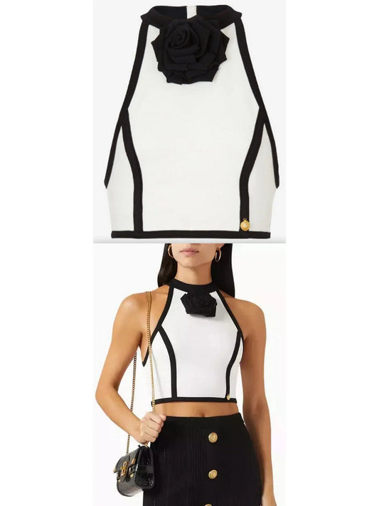 Cropped White and Black Halter-Top with Rose Detail - Branna Couture