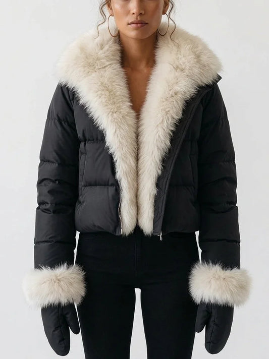 Cropped Down Jacket with Plush Fur Collar and Mittens - Small / Black - Jackets