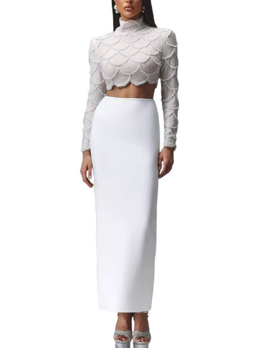 Cropped Embellished Top and Skirt Set in White - Small - Suits & Sets