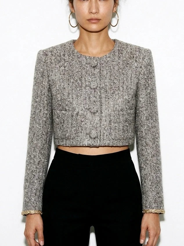 Cropped Grey Bouclé Tweed Jacket with Gold Cuff Trim - Small - Jackets