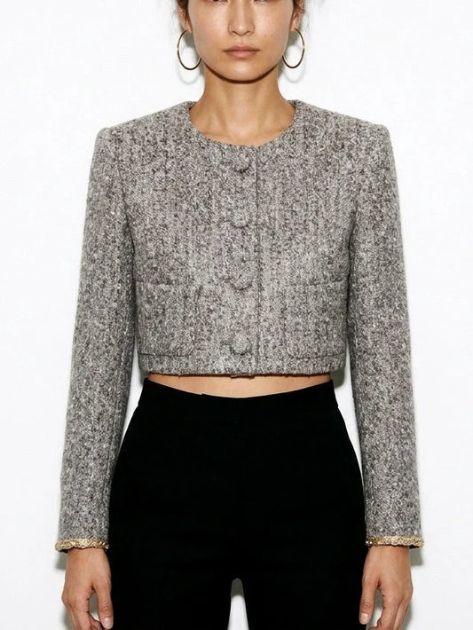 Cropped Grey Bouclé Tweed Jacket with Gold Cuff Trim - Small - Jackets