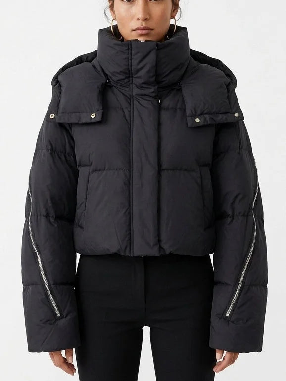 Cropped Hooded Puffer Jacket with Zip Details - S - Jackets