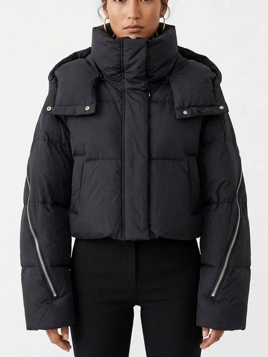 Cropped Hooded Puffer Jacket with Zip Details - S - Jackets