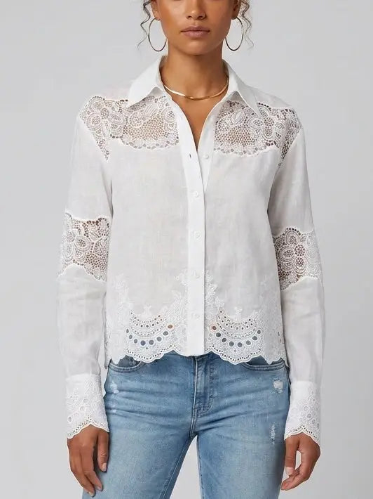 Cropped Lace Embroidered Linen Silk Shirt - Small / White - Tops