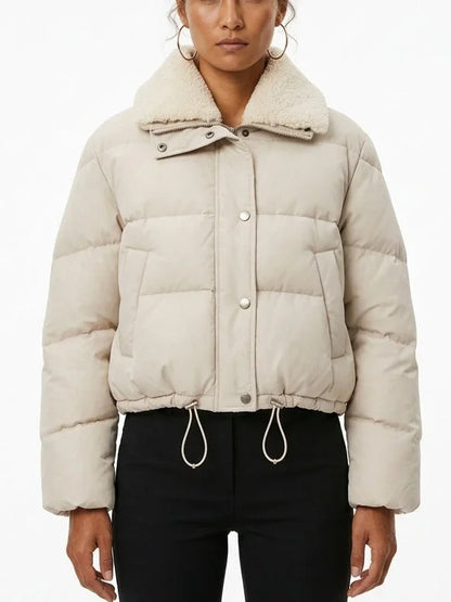 Cropped Puffer Jacket with Shearling Collar and Drawstring Hem - Small - Jackets