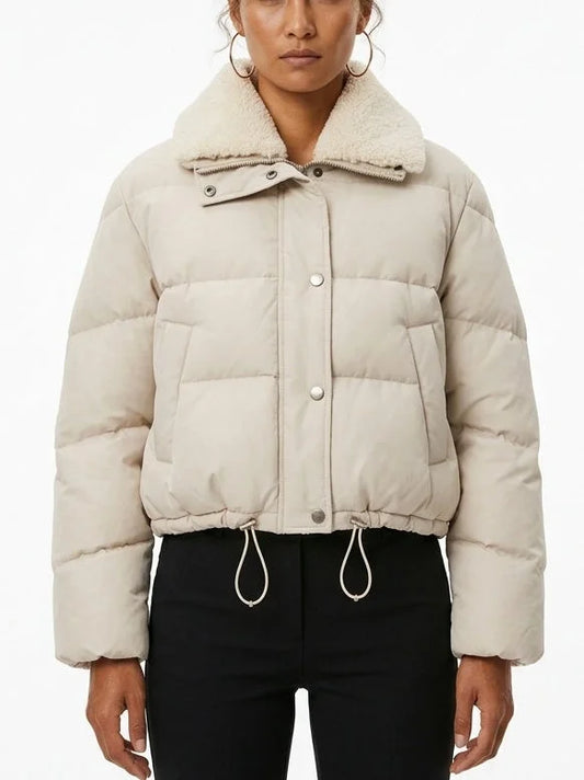 Cropped Puffer Jacket with Shearling Collar and Drawstring Hem - Small - Jackets