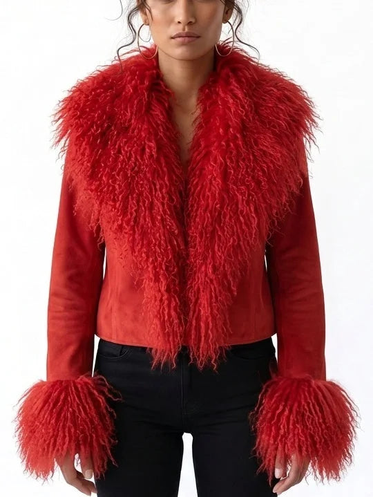 Cropped Suede Jacket with Plush Fur Trim - S / Red - Jackets