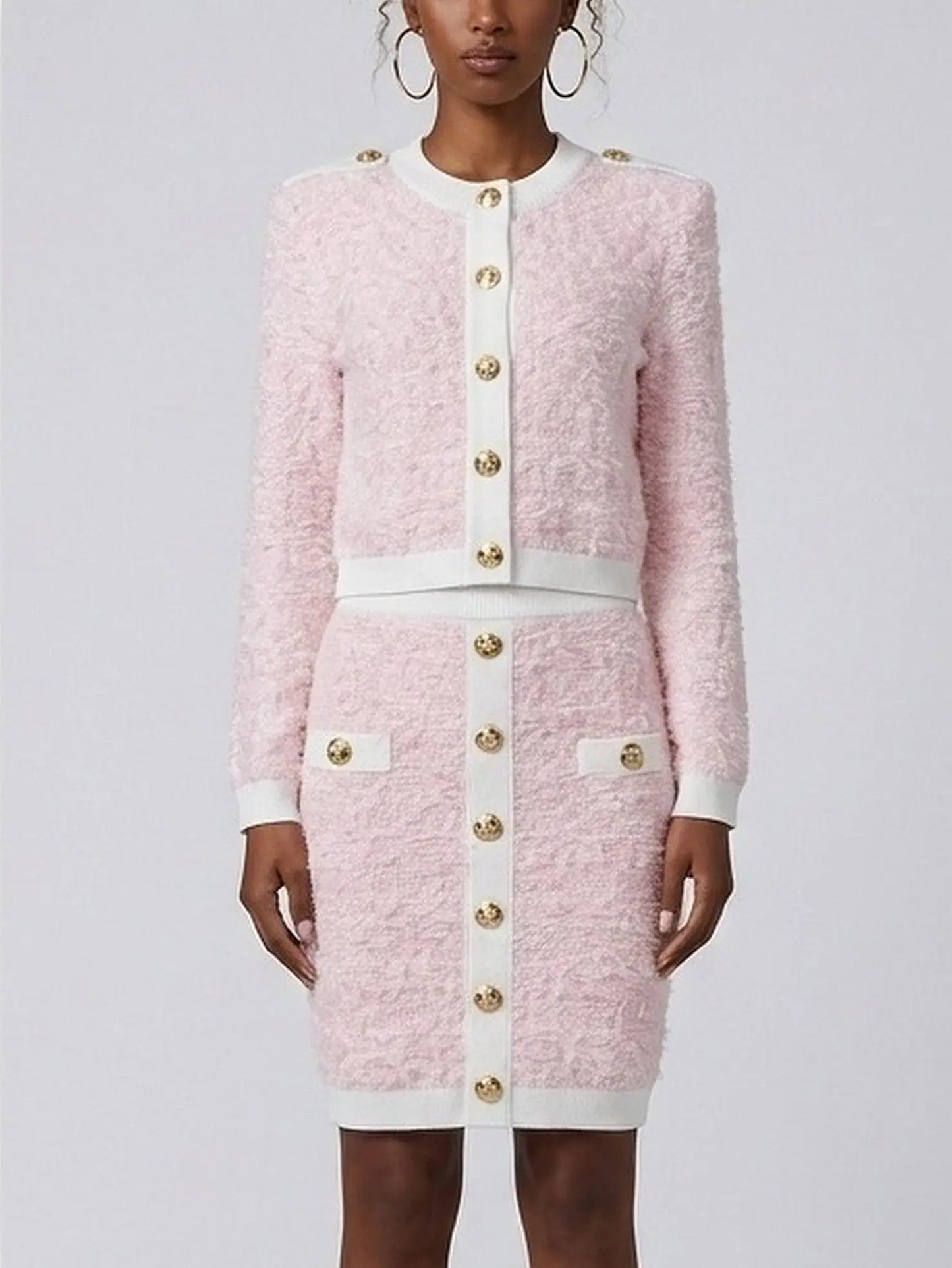 Pink Textured Knit Cardigan and Mini Skirt Set - S - Suits & Sets