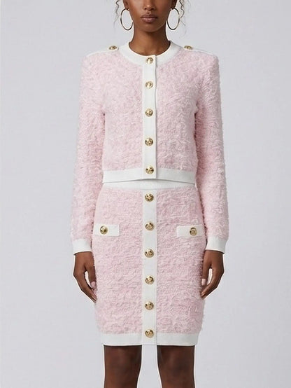 Pink Textured Knit Cardigan and Mini Skirt Set - S - Suits & Sets