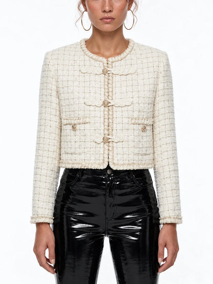 Cropped Tweed Jacket with Braided Trim and Patch Pockets - Small - Jackets