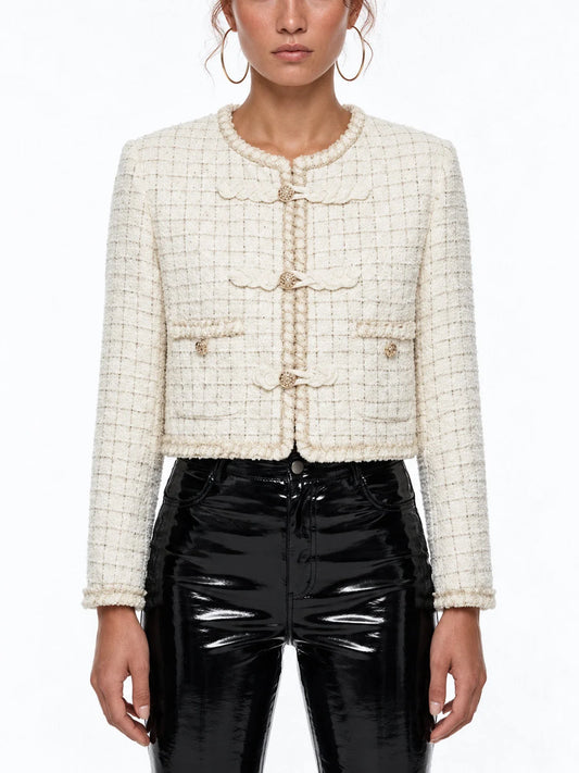 Cropped Tweed Jacket with Braided Trim and Patch Pockets - Small - Jackets