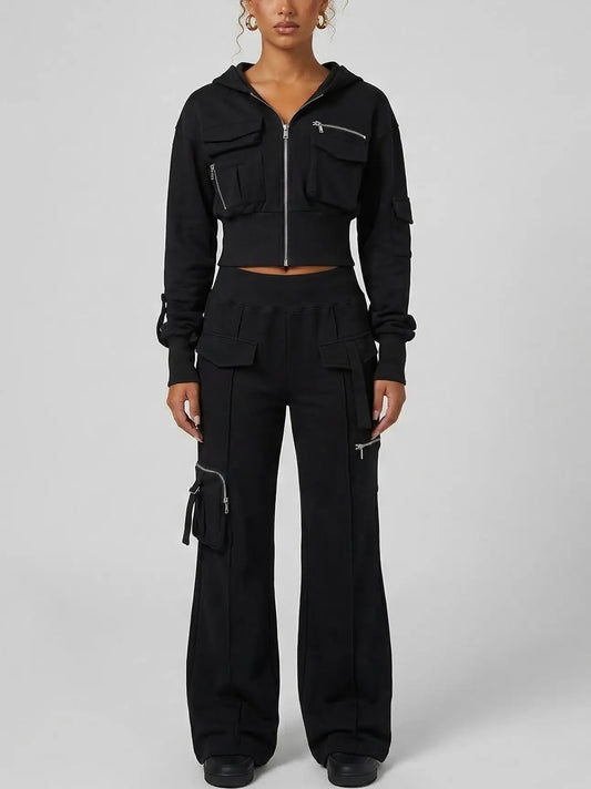 Cropped Zip Hoodie and Cargo Pants Set - Small / Black - Suits & Sets