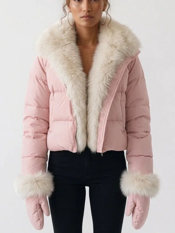 Cropped Down Jacket with Plush Fur Collar and Mittens - Small / Pastel Pink - Jackets