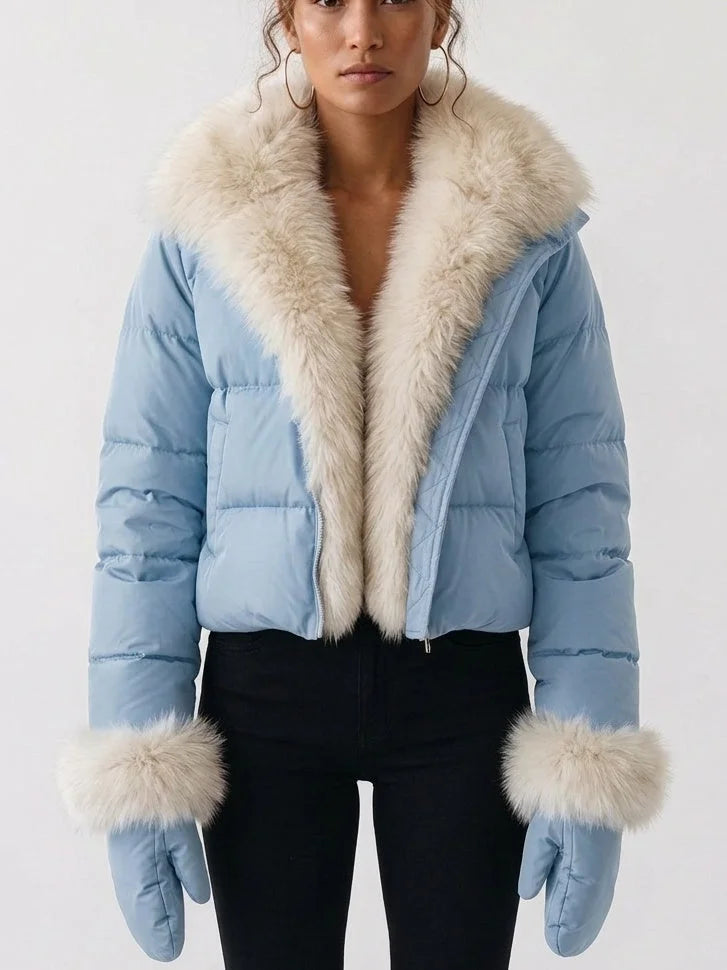 Cropped Down Jacket with Plush Fur Collar and Mittens - Small / Pastel Blue - Jackets