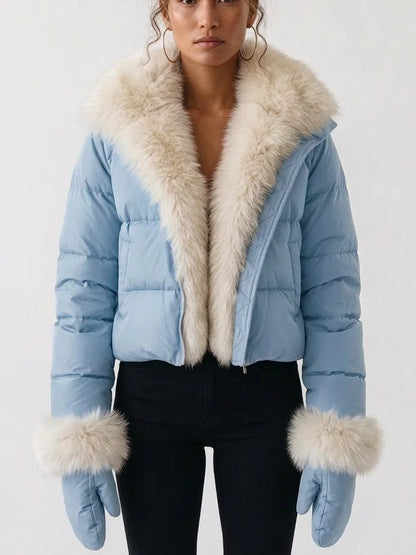 Cropped Down Jacket with Plush Fur Collar and Mittens - Small / Pastel Blue - Jackets
