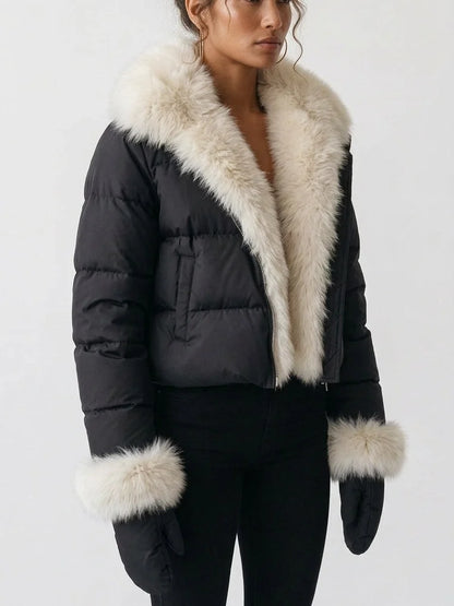 Cropped Down Jacket with Plush Fur Collar and Mittens - Jackets