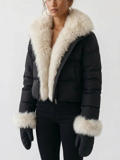 Cropped Down Jacket with Plush Fur Collar and Mittens - Jackets